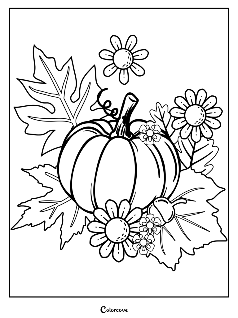 Dibujo de calabazas para colorear con hojas de otoño, margaritas y una bellota.