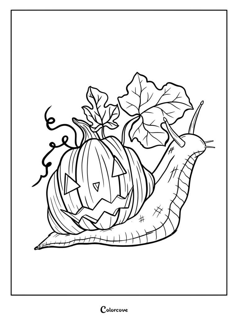 Dibujo detallado para colorear de un simpático caracol que lleva una Calabaza de Halloween tallada y decorada con hojas.