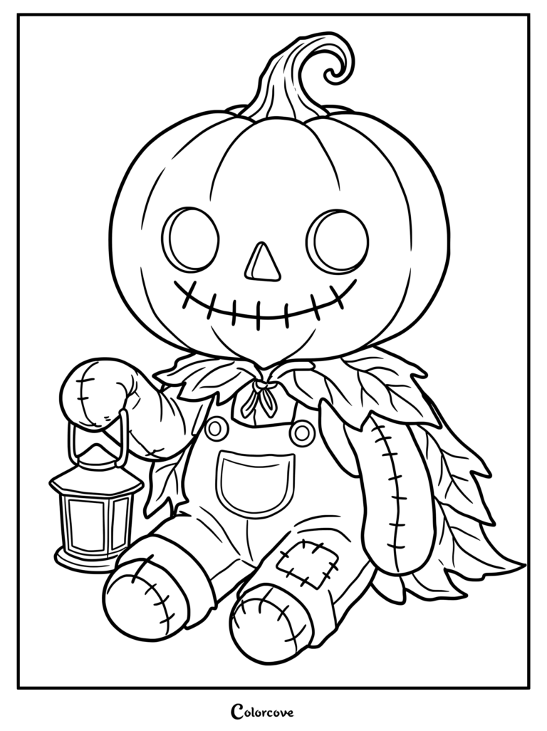 Una tierna Calabaza de Halloween de peluche con peto y capa de hojas sostiene un farol en este dibujo de calabazas para colorear.