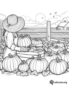 Coloring page of a woman in a field harvesting pumpkins, with a barn and field in the background and a setting sun.