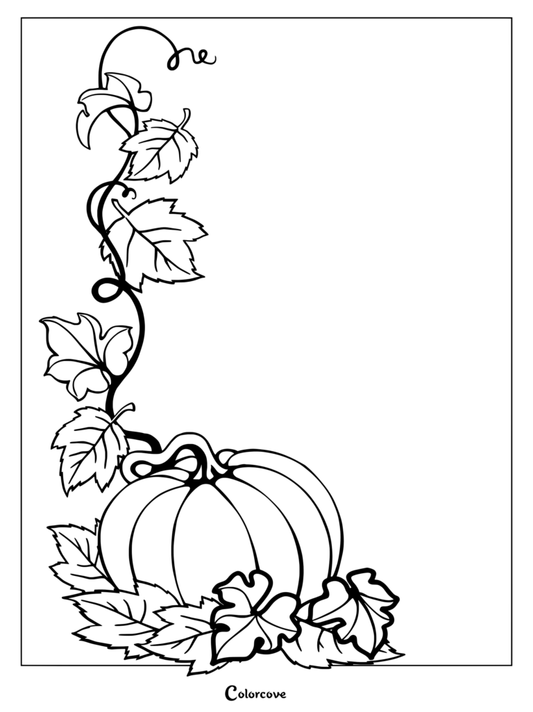 Dibujo detallado para colorear que presenta calabazas rodeadas de hojas y enredaderas.
