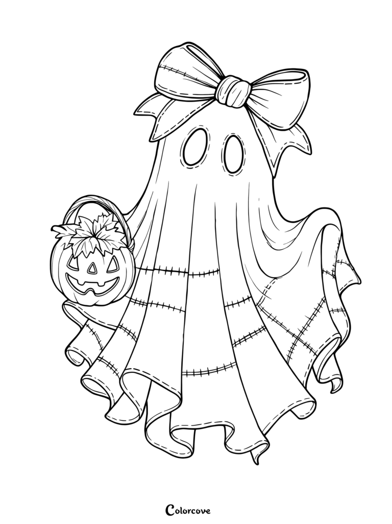Dibujo imprimible de calabazas para colorear que presenta a un lindo fantasma con un gran lazo sosteniendo un cubo de Calabaza de Halloween.