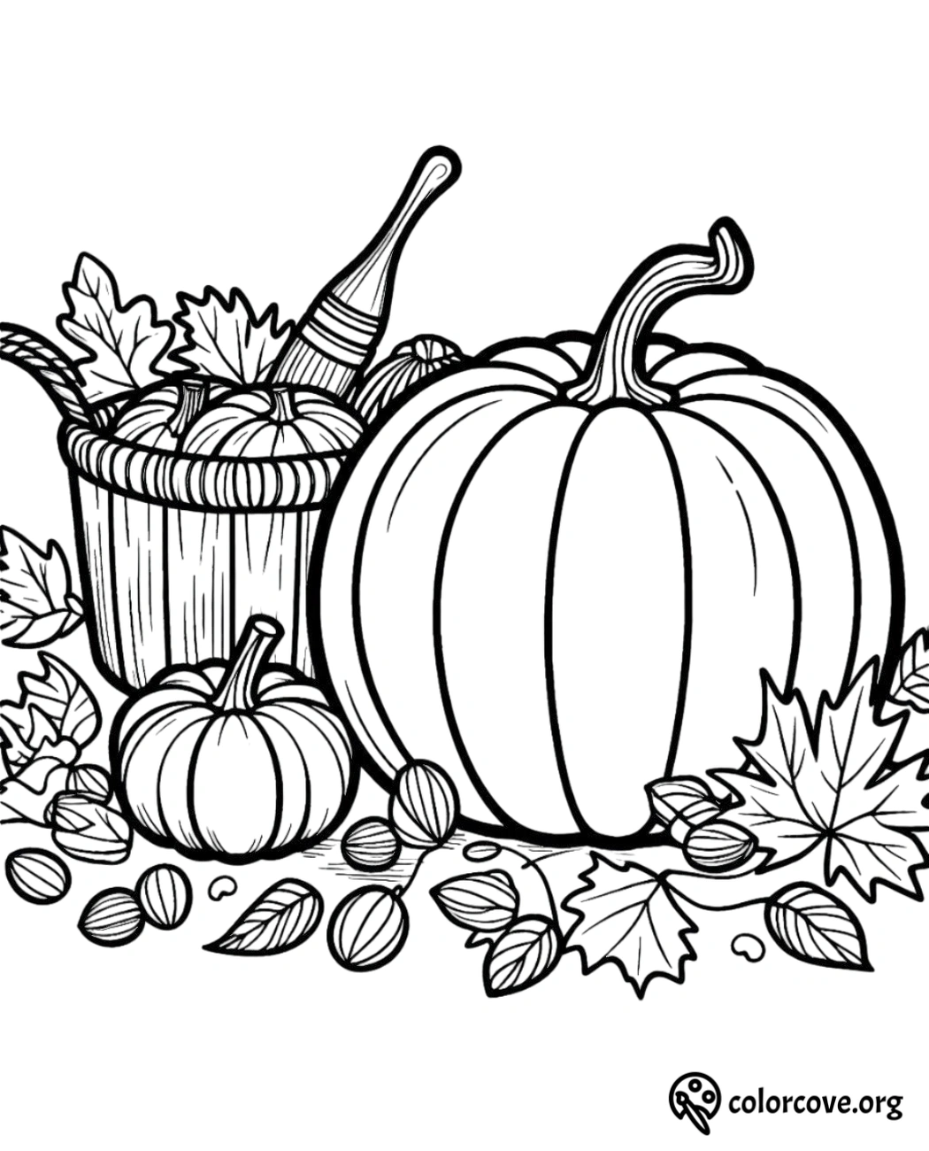 Autumn harvest coloring page with pumpkins, leaves, and acorns in a basket for kids to color, perfect for fall activities