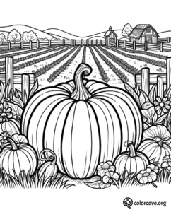 Pumpkin patch coloring page featuring large pumpkins, flowers, and a farm landscape with barns and fields in the background.