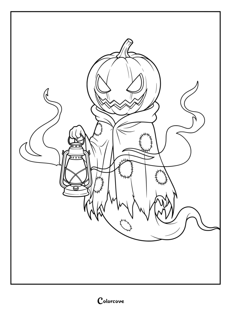 Dibujo de calabazas para colorear con un fantasma espeluznante que lleva una sábana con parches y sostiene un farol.