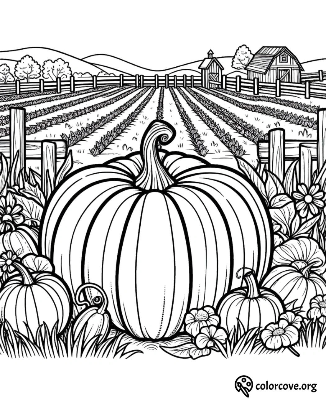 Pumpkin patch coloring page featuring large pumpkins, flowers, and a farm landscape with barns and fields in the background.