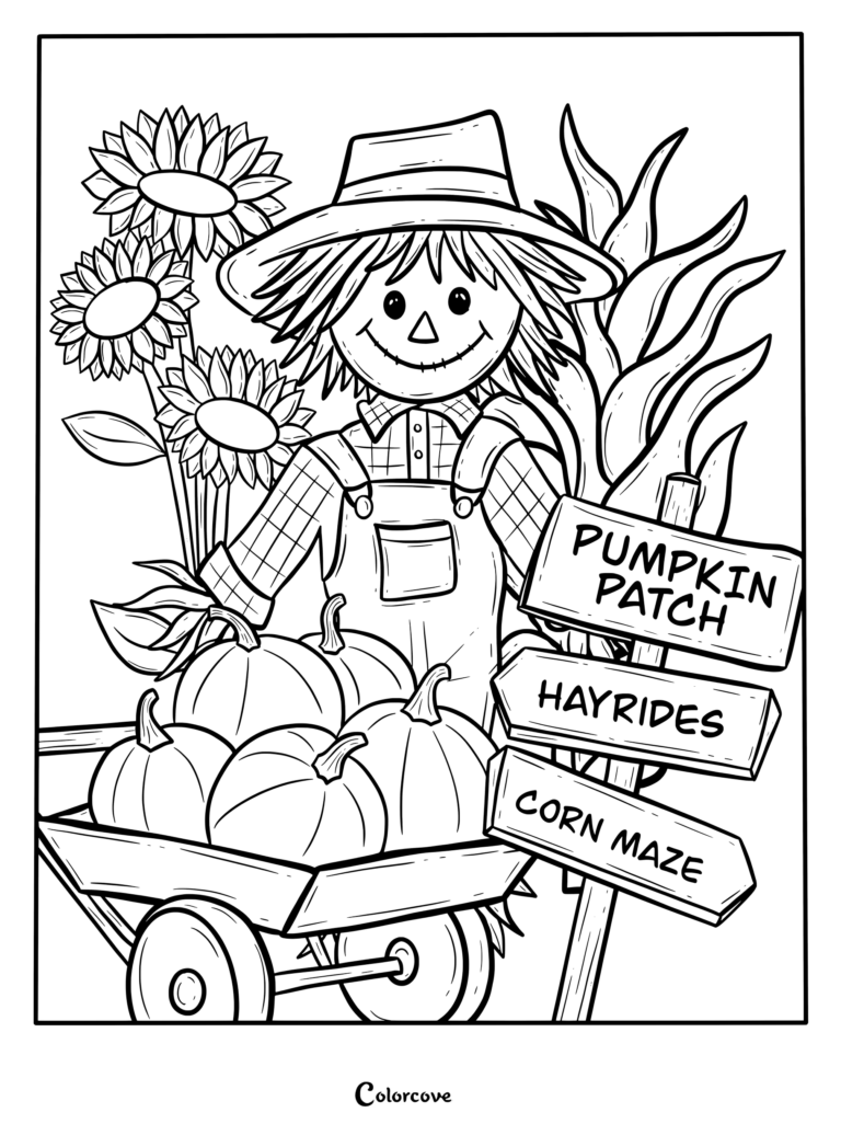 Dibujo para colorear de un Espantapájaros con carretilla llena de calabazas en una escena de Cosecha.