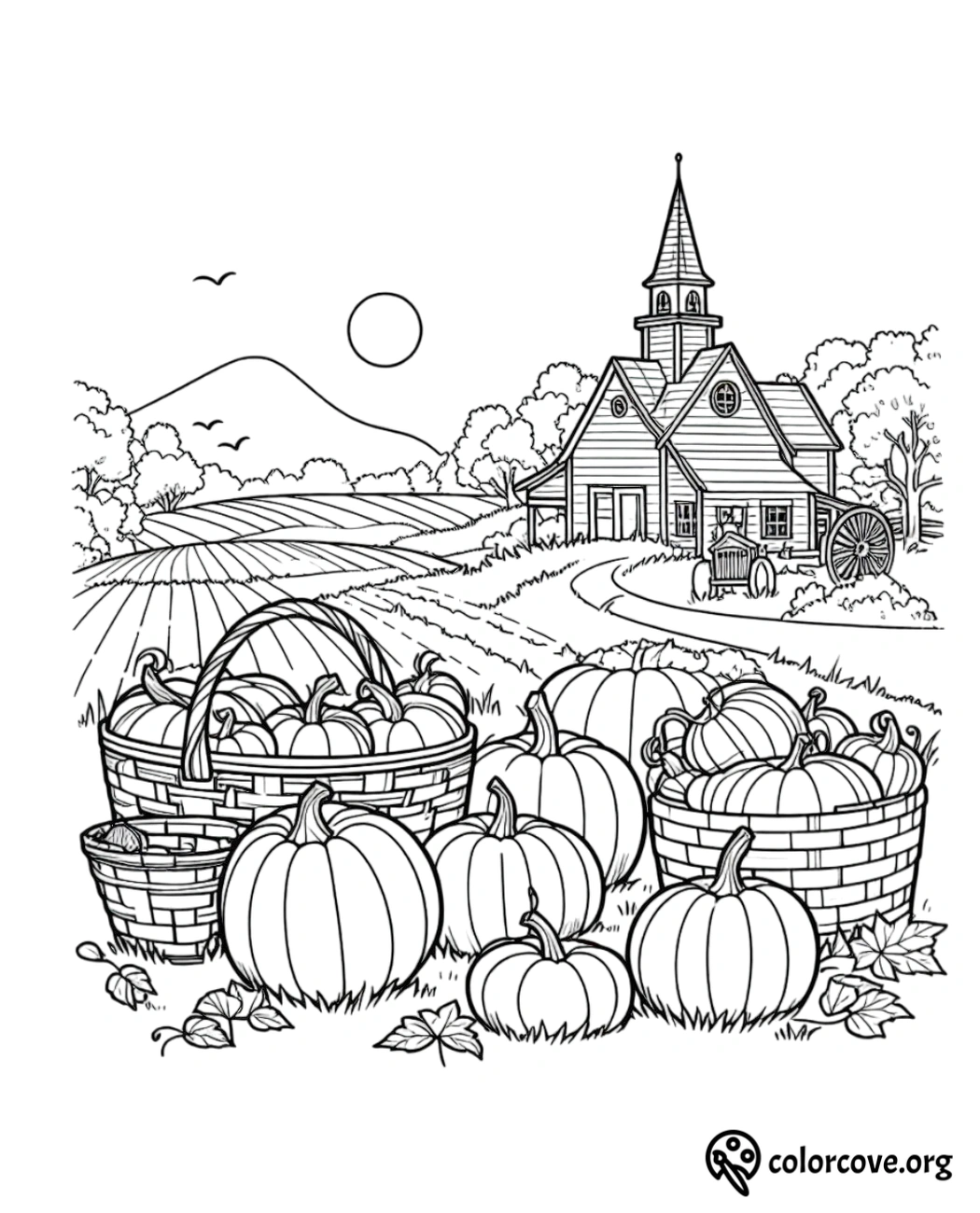 Coloring page of a rustic farm with baskets of pumpkins, mountains, trees, and a farmhouse in the background.