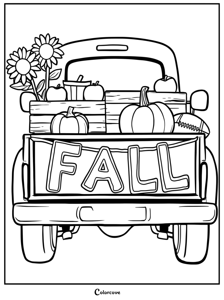 Dibujo para colorear de una caja de camioneta vintage llena de calabazas, girasoles, manzanas y un cartel de otoño.