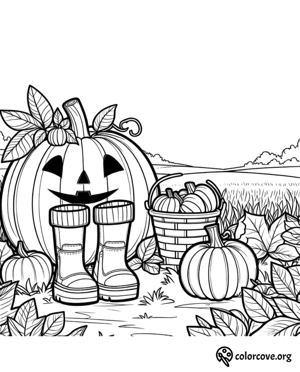 A fun Halloween coloring page featuring pumpkins, rain boots, and a Jack-o'-lantern with a fall harvest scene.