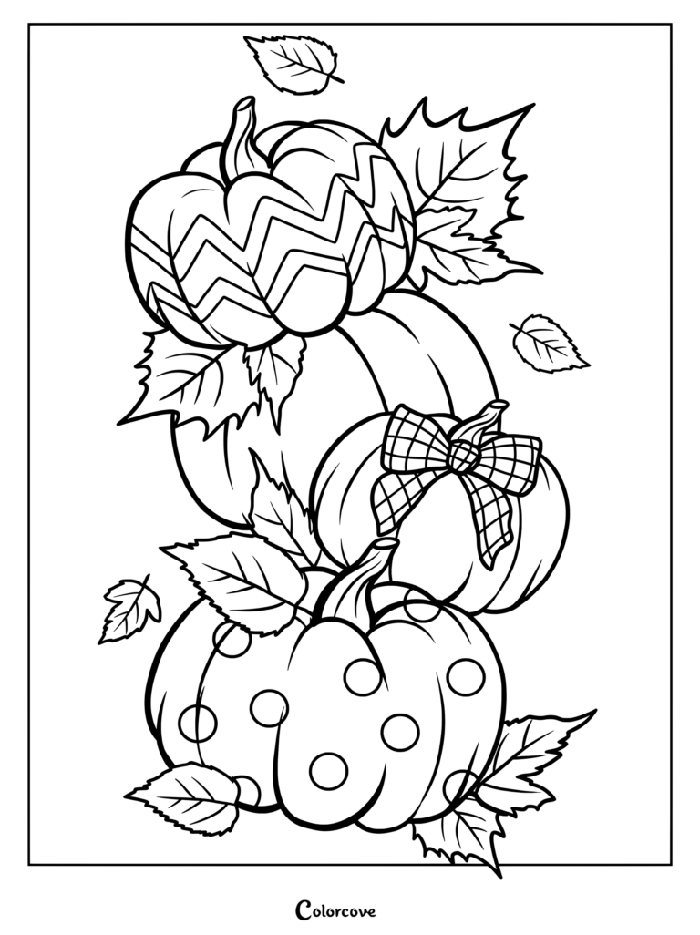 Dibujo para colorear de calabazas decoradas de otoño con patrones de chevrón, lunares, un lazo a cuadros y hojas de otoño.