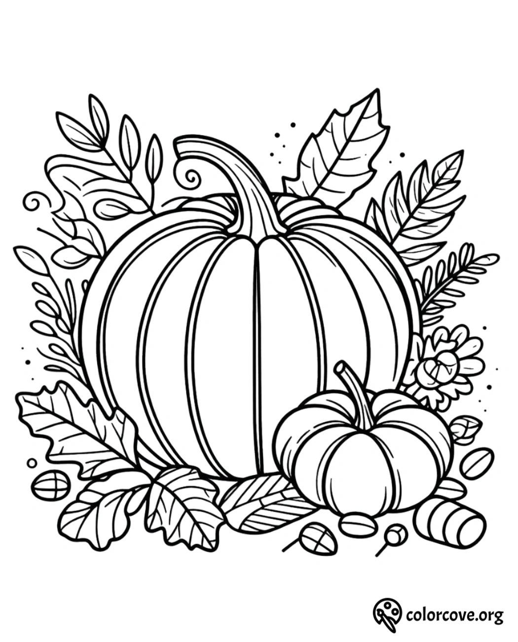 Pumpkin Coloring Page - Fall Harvest Coloring - Autumn Leaves and Pumpkins - Printable Coloring Sheet for Adults and Kids