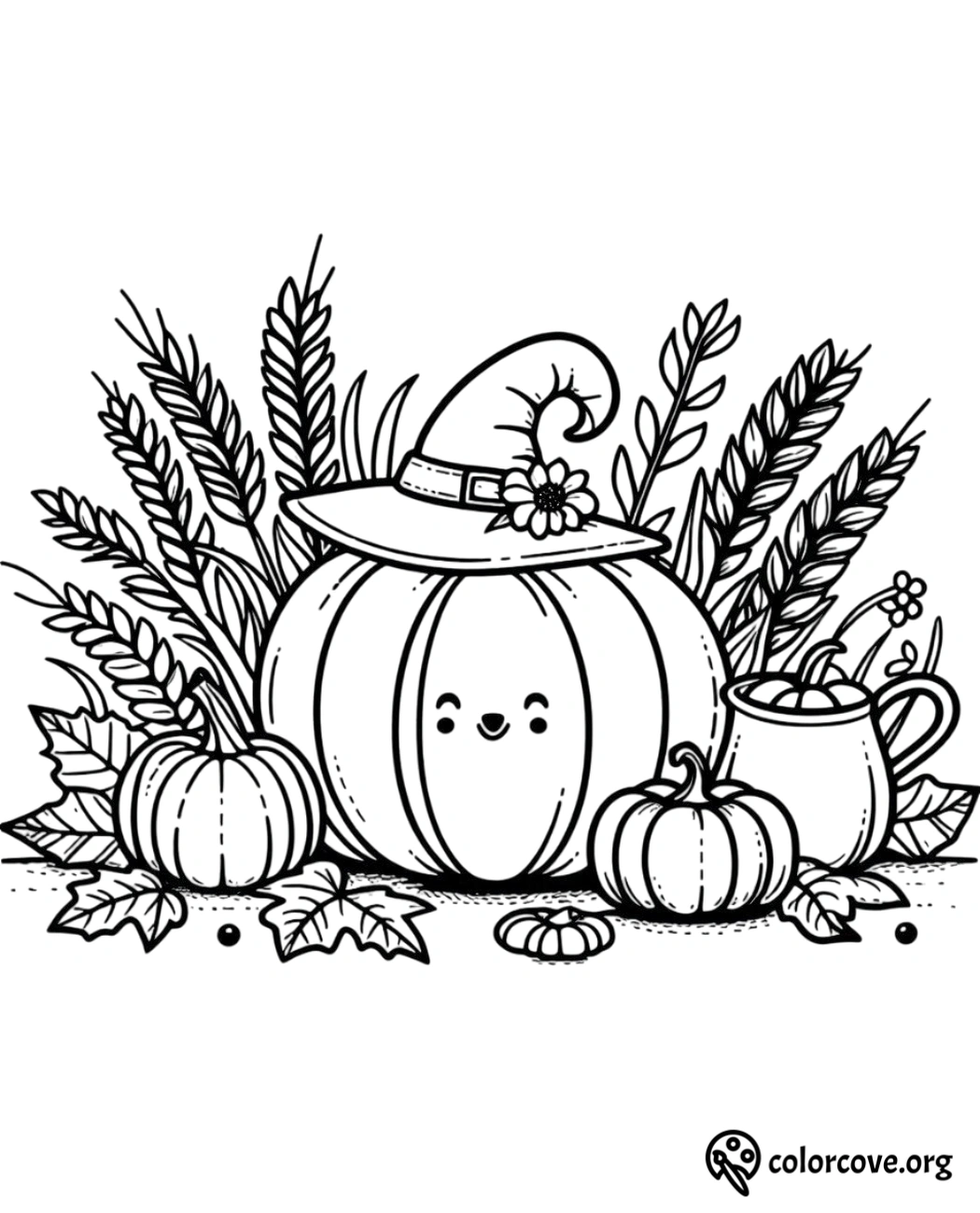 Cute fall pumpkin coloring page with a smiling pumpkin wearing a witch hat, surrounded by leaves and smaller pumpkins.