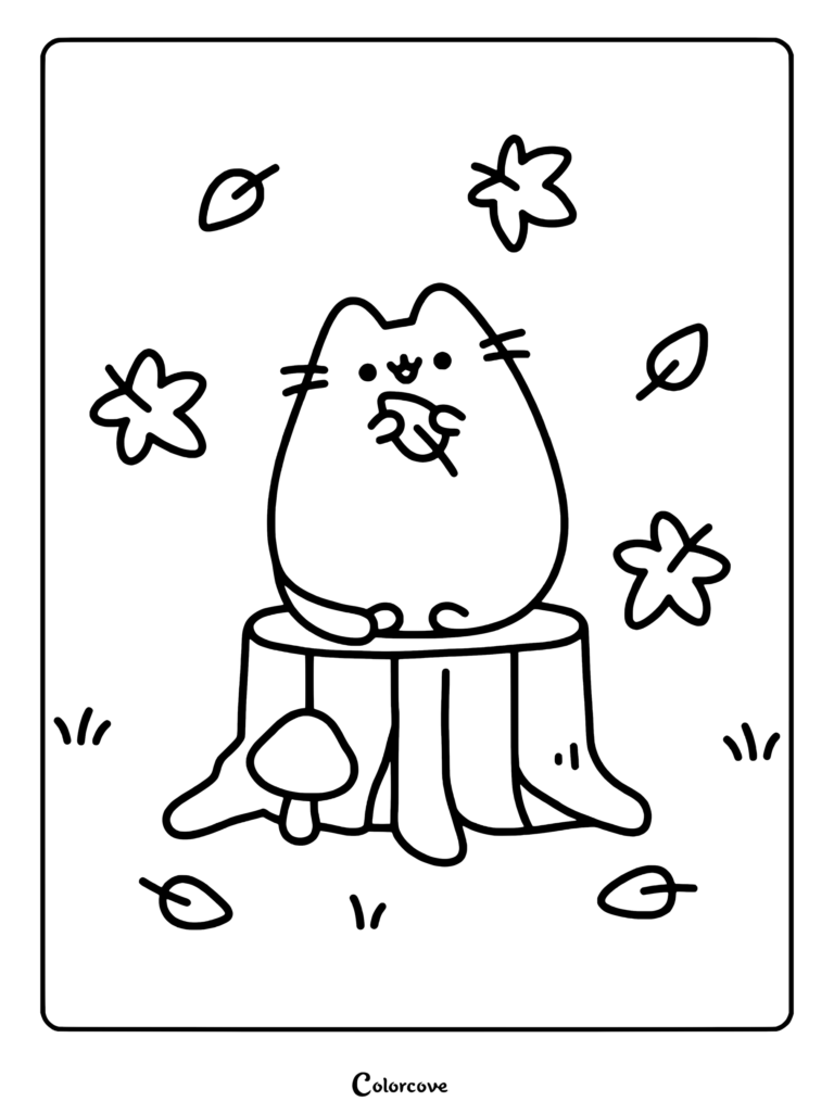 Coloriage de Pusheen assise sur une souche d'arbre entourée de feuilles d'automne tombantes