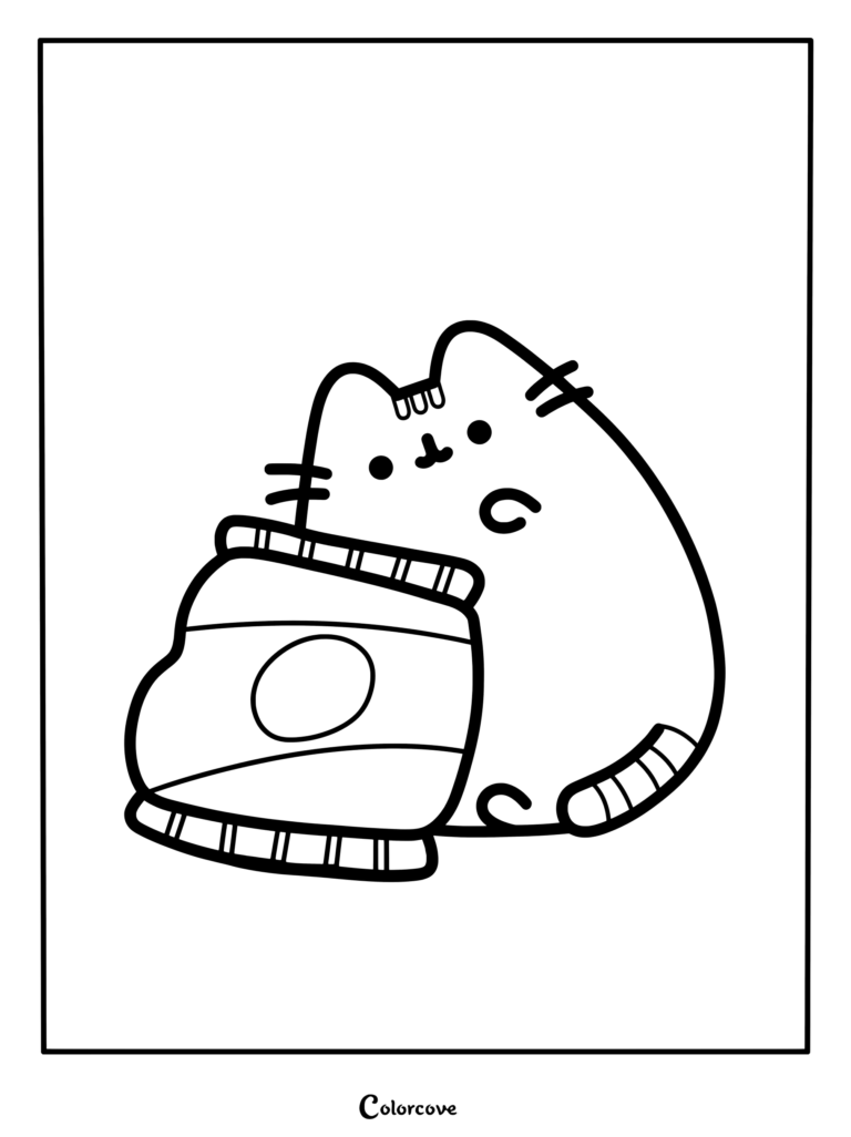 Coloriage à imprimer de Pusheen tenant un grand paquet de chips