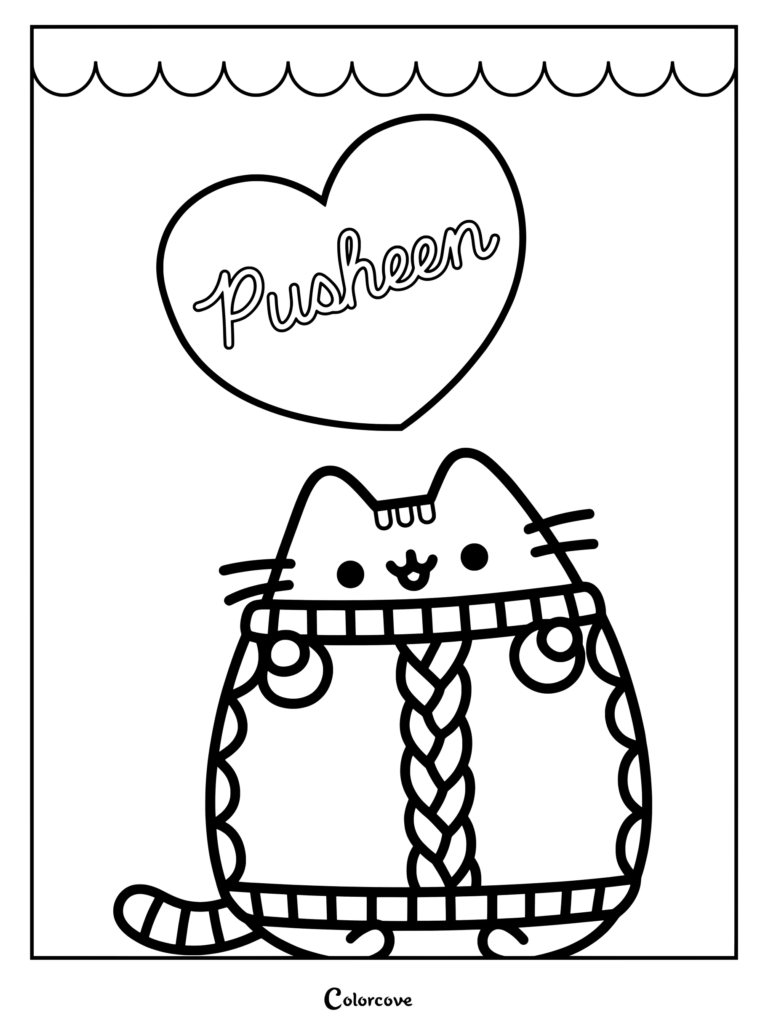Pusheen portant un pull en maille torsadée douillet sous un grand cœur avec le texte Pusheen dans ce coloriage à imprimer.