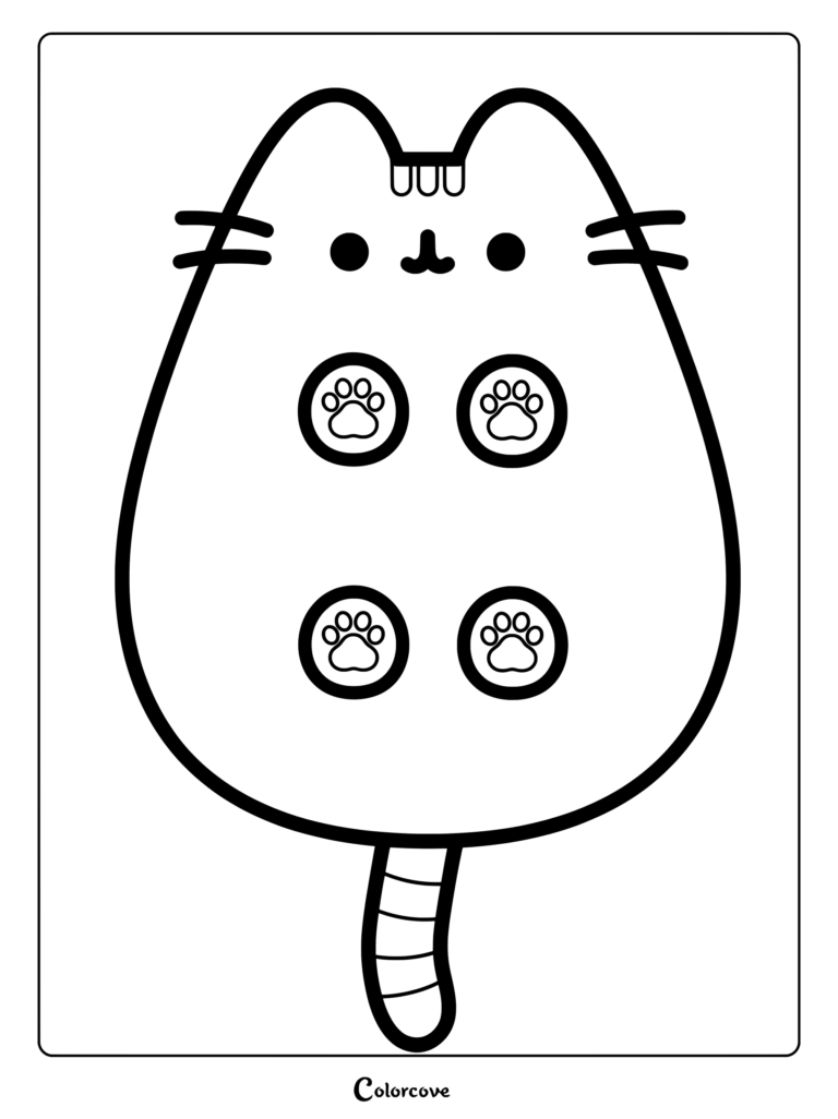 Pusheen allongée sur le dos montrant les coussinets de ses quatre pattes dans ce coloriage