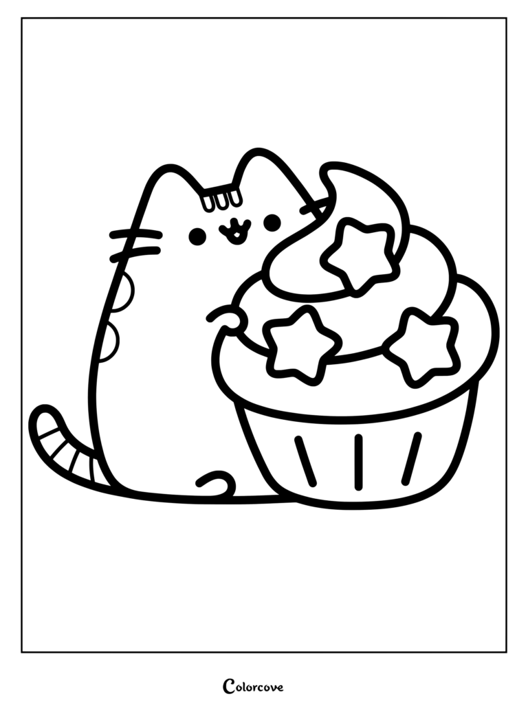 Coloriage de Pusheen mangeant un cupcake géant