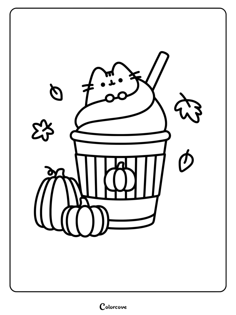 Coloriage de Pusheen assise dans une tasse de pumpkin spice latte surmontée de crème fouettée, entourée de feuilles d'automne et de mini-citrouilles