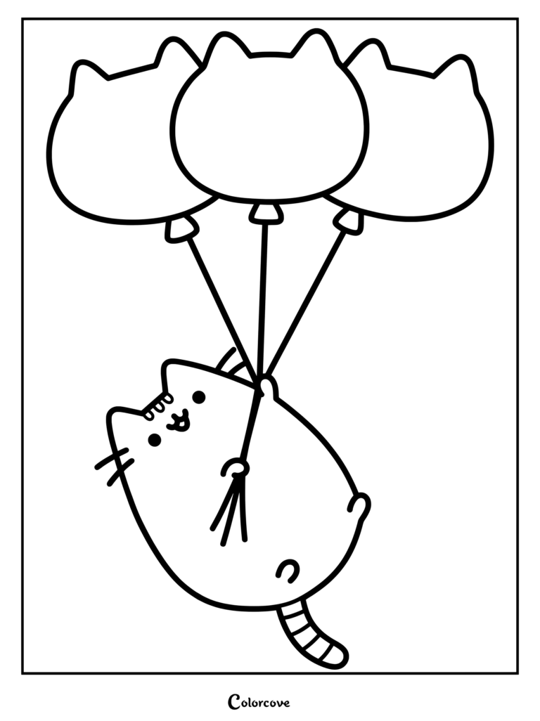 Pusheen tenant trois ballons en forme de chat dans ce coloriage à imprimer.