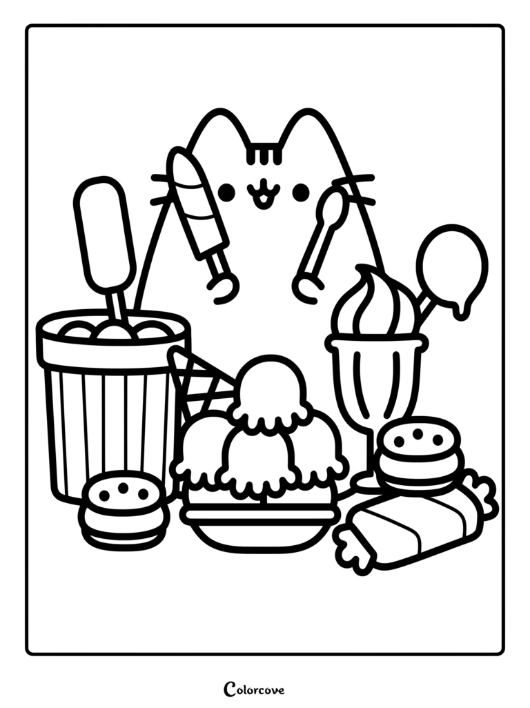 Pusheen entourée de diverses glaces, esquimaux et friandises dans ce coloriage à imprimer