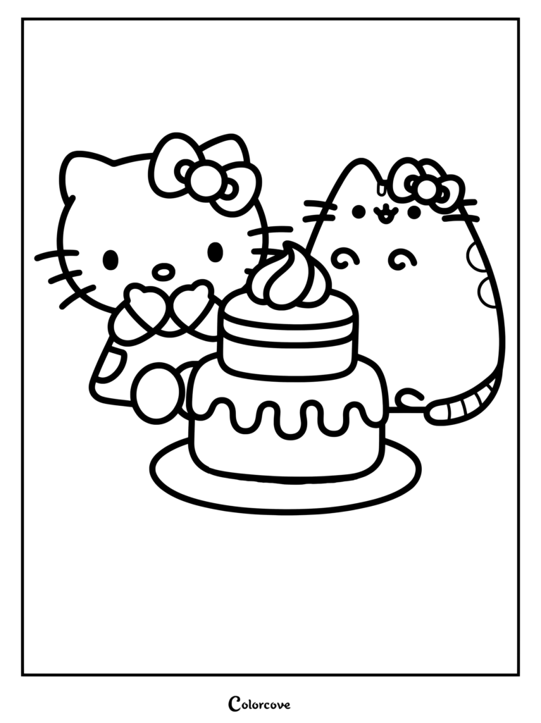Page de coloriage de Hello Kitty et Pusheen côte à côte devant un gâteau glacé