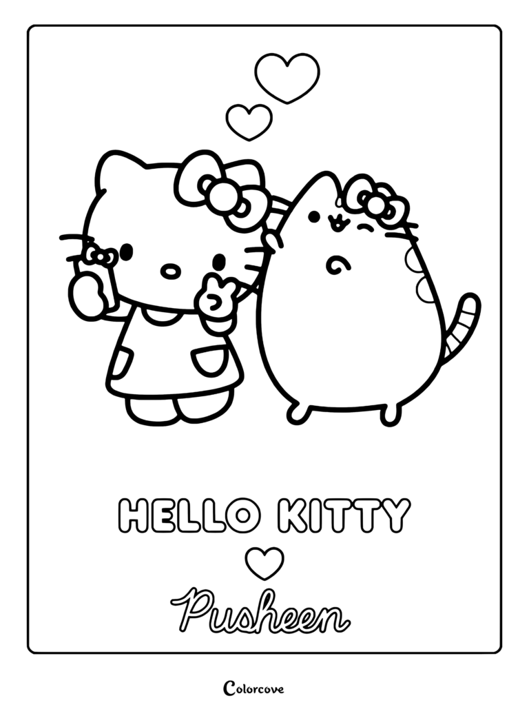Page de coloriage de Hello Kitty et Pusheen se prenant en selfie ensemble avec des cœurs flottants.