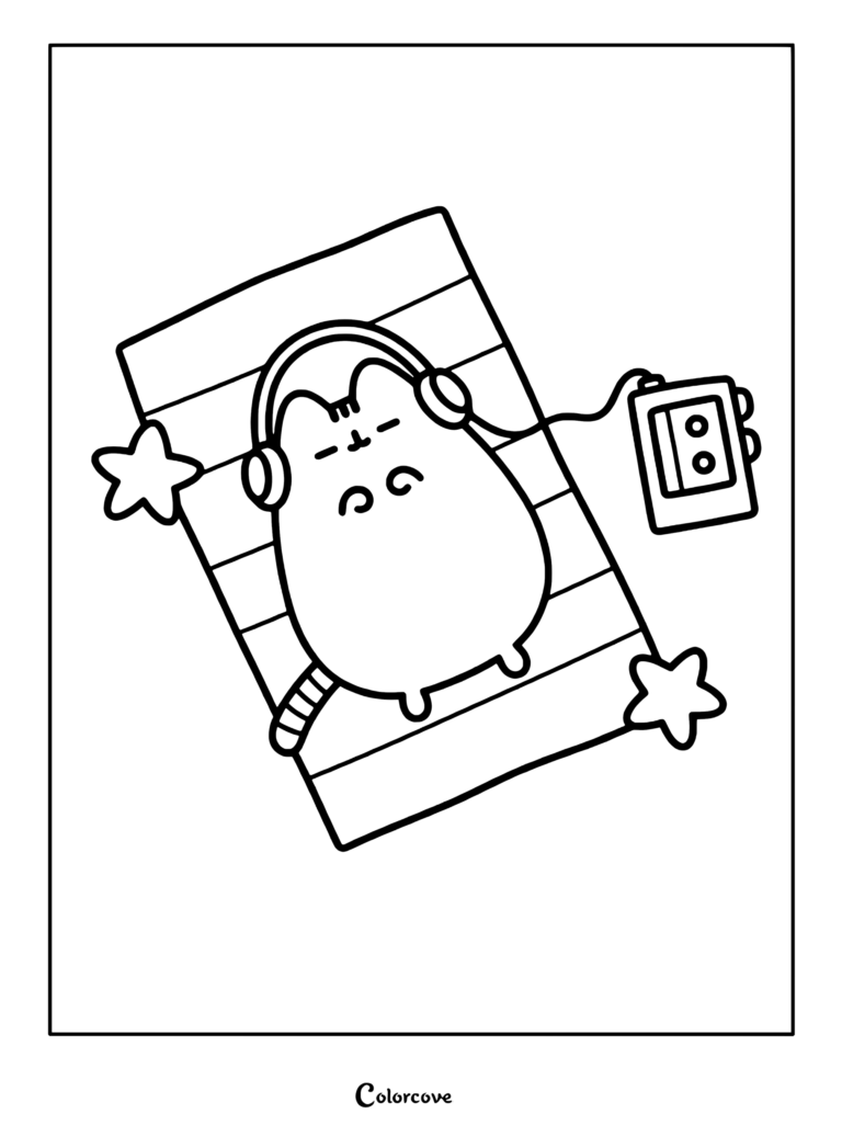 Coloriage de Pusheen écoutant de la musique avec un casque sur un tapis à rayures à côté d'un lecteur cassette et d'étoiles