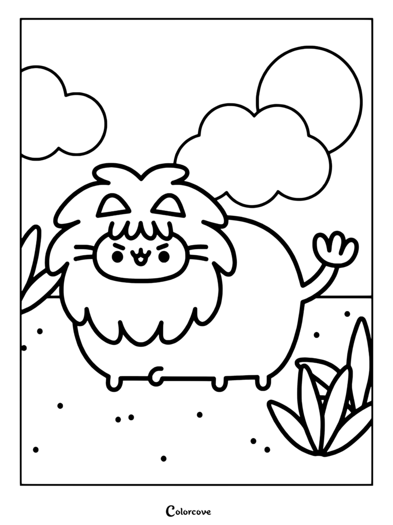 Coloriage de Pusheen en lion de la collection Pusheenimals représentant un adorable chat déguisé en lion dans la savane