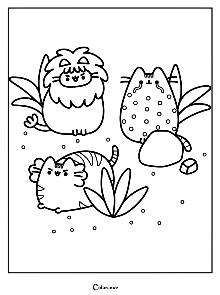 Coloriage de Pusheen en lion, Pusheen en guépard-léopard et Pusheen en tigre mettant en scène des félins de la jungle