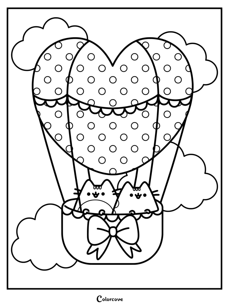 Page de coloriage de Pusheen et Tommy voyageant dans une montgolfière en forme de cœur
