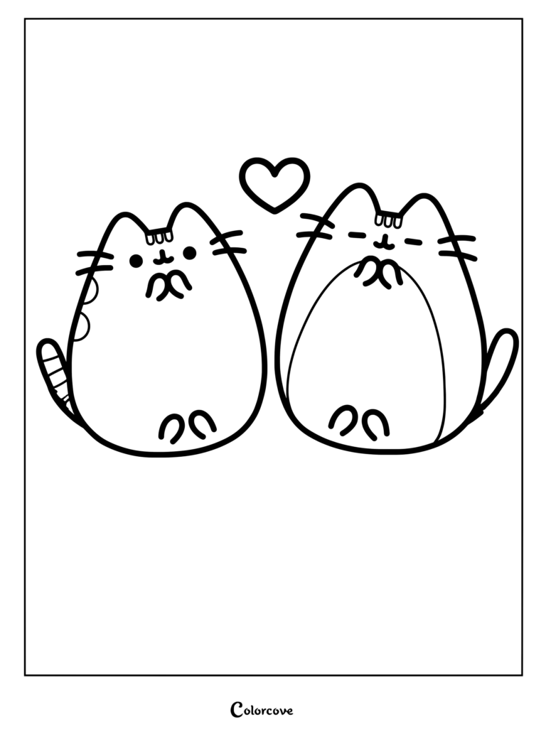 Page de coloriage de Pusheen et Tommy montrant deux chats mignons avec un cœur flottant entre eux