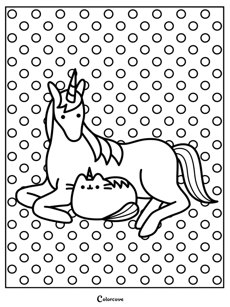 Coloriage de Pusheen et d'une licorne sur un fond à pois