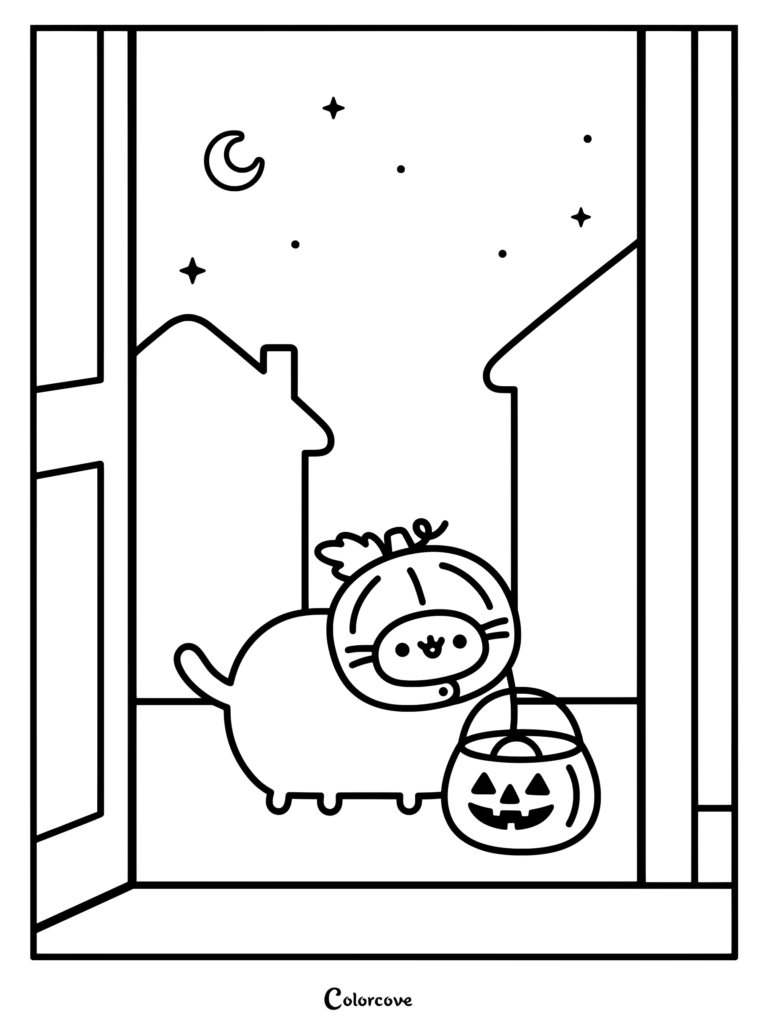 Coloriage d'Halloween avec Pusheen dans un costume de citrouille tenant un seau citrouille