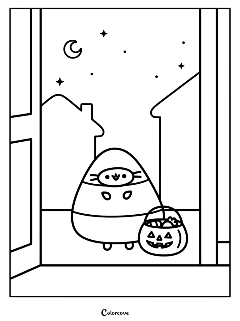 Coloriage d'Halloween avec Pusheen déguisée en bonbon maïs et tenant un seau citrouille