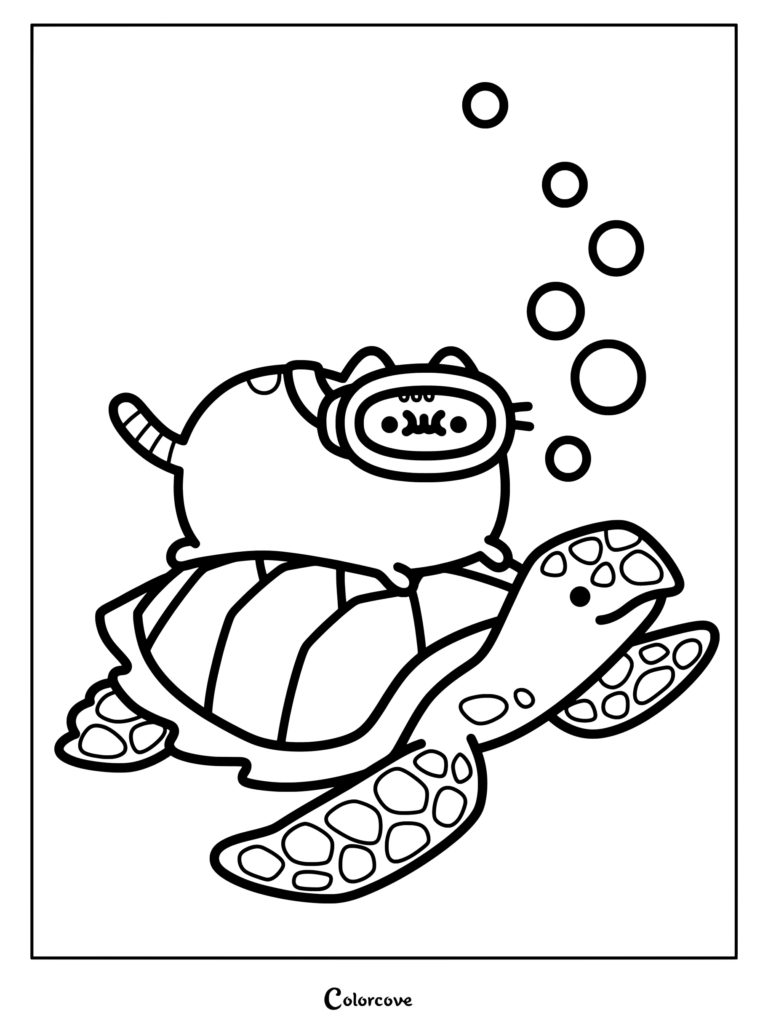 Page de coloriage de Pusheen portant des lunettes de plongée et chevauchant une tortue de mer sous l'eau