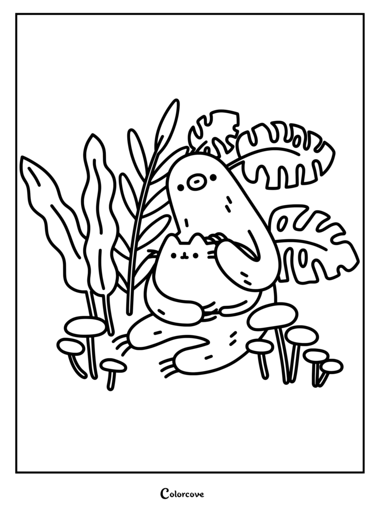 Page de coloriage de Pusheen délicatement tenue par son ami Sloth le paresseux au milieu du feuillage de la jungle