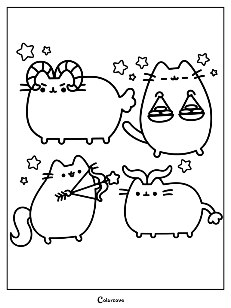 Coloriage Pusheen Zodiaque représentant Pusheen en Bélier, Balance, Sagittaire et Capricorne entourée d'étoiles