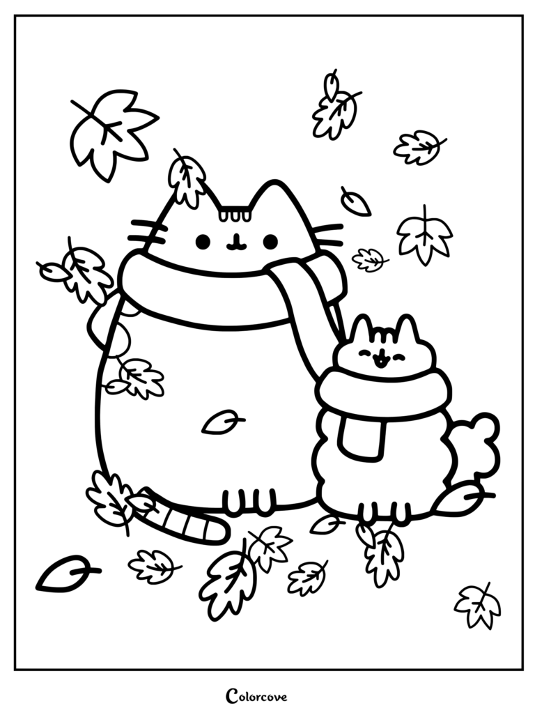 Page de coloriage à imprimer de Pusheen portant une écharpe rose douillette aux côtés de sa sœur poilue Stormy avec une écharpe jaune vif, entourées de feuilles d'automne