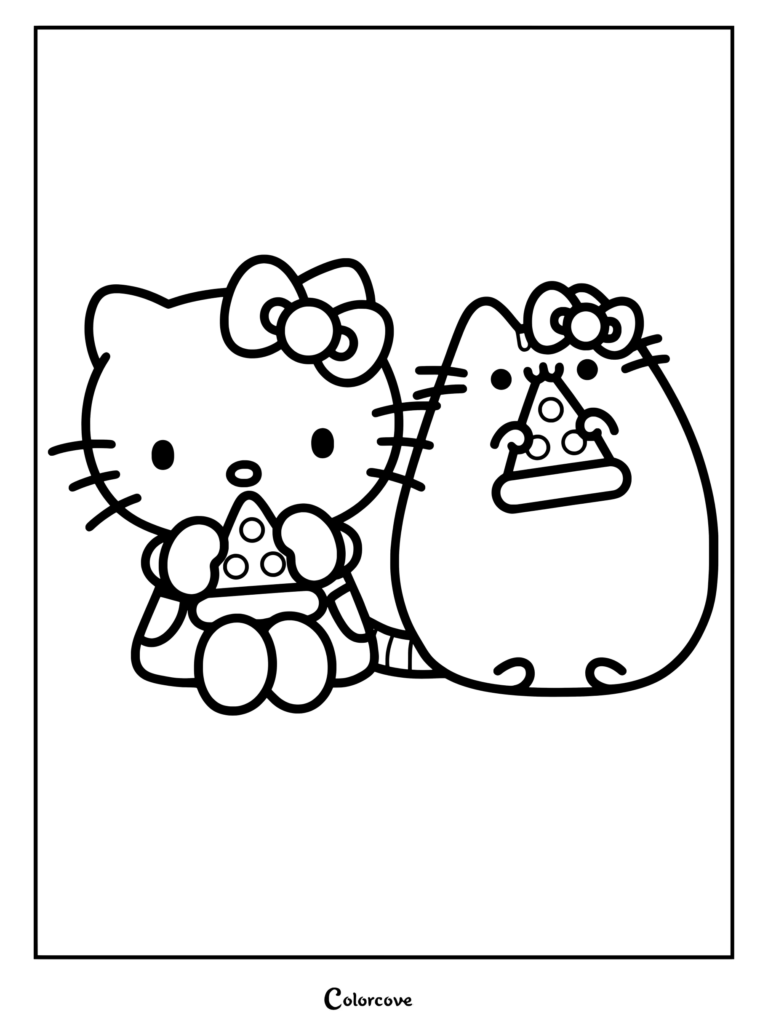 Page de coloriage crossover mignonne avec Hello Kitty et Pusheen assises côte à côte en train de manger des parts de pizza