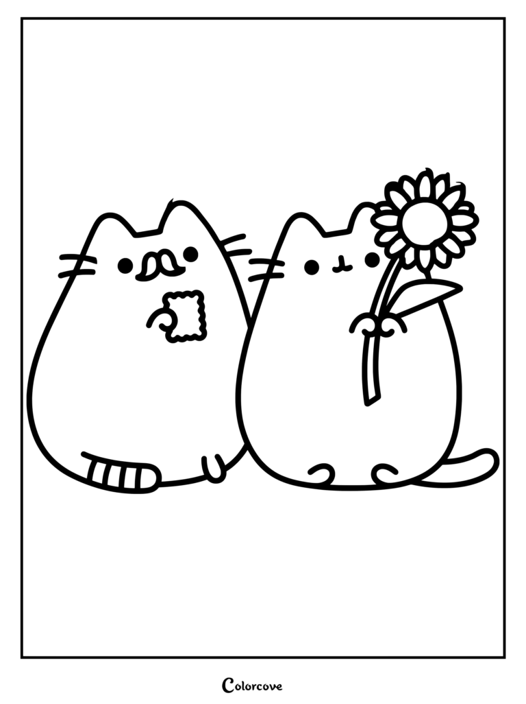Page de coloriage de Biscuit avec une moustache mangeant un biscuit et Sunflower tenant un tournesol