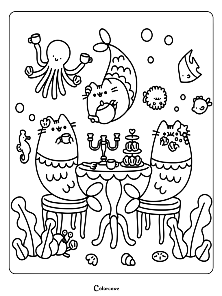 Coloriage de Pusheen en chats-sirènes profitant d'un thé sous-marin avec une pieuvre, un présentoir à pâtisseries et des en-cas marins