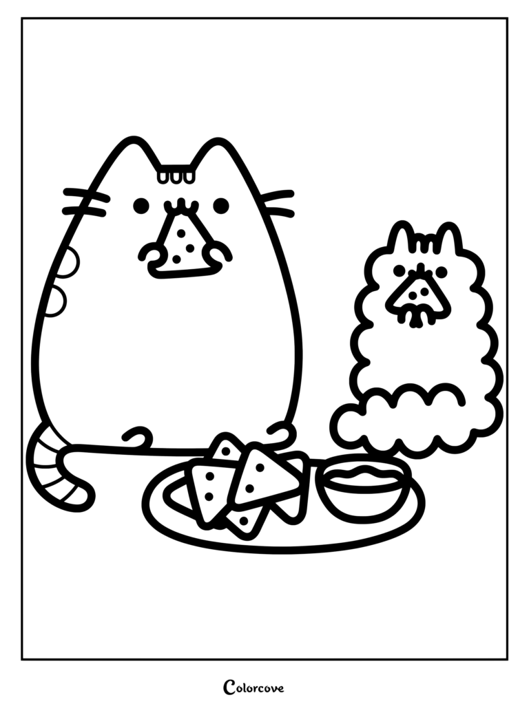 Page de coloriage de Pusheen et Stormy partageant une assiette de nachos avec de la salsa