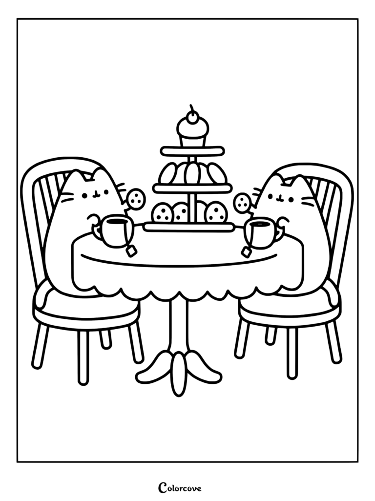 Page de coloriage de Pusheen et Tommy profitant ensemble d'un thé gourmand l'après-midi