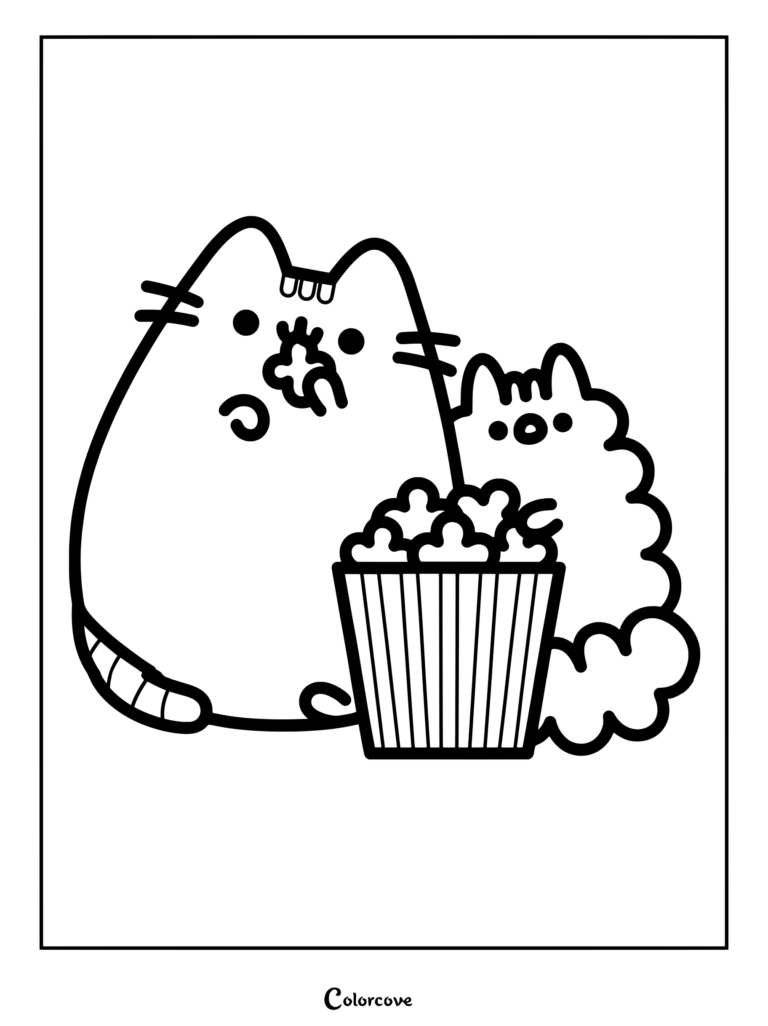 Page de coloriage de Pusheen partageant un pot de pop-corn avec sa sœur grise et poilue, Stormy