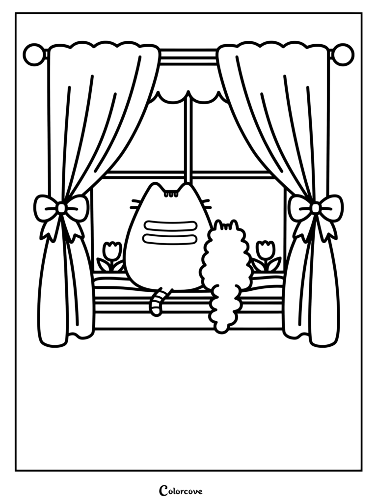 Page de coloriage de Pusheen regardant par une fenêtre pluvieuse aux côtés de son frère poilu Pip