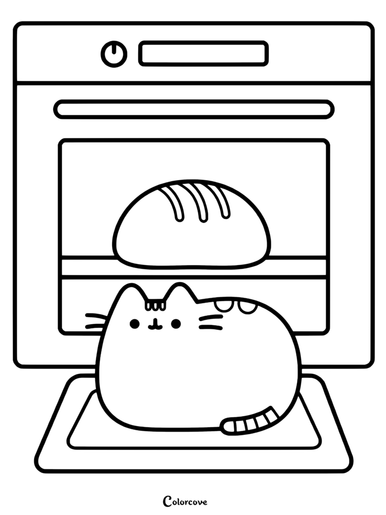 Pusheen assise devant un four ouvert faisant cuire du pain dans ce coloriage à imprimer