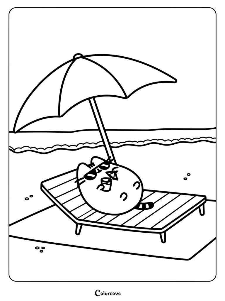 Coloriage de Pusheen se détendant sur une chaise longue à la plage sous un parasol rose et blanc, portant des lunettes de soleil et savourant une boisson rafraîchissante