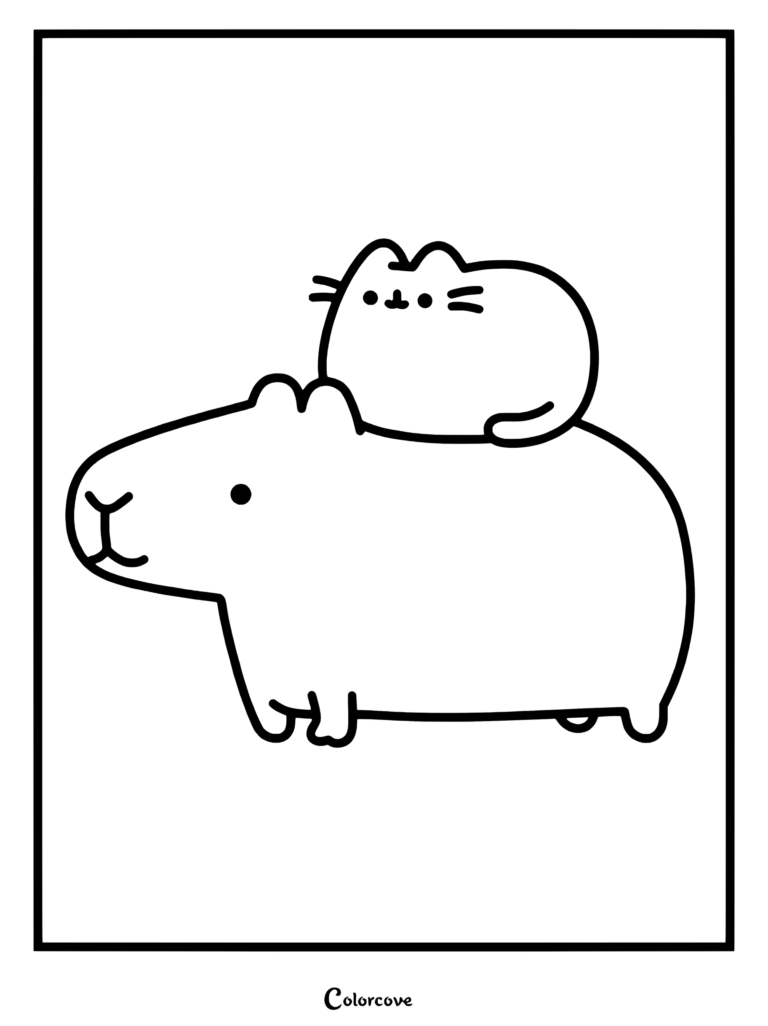 Page de coloriage de Pusheen confortablement installée sur le dos d'un capybara amical et minimaliste