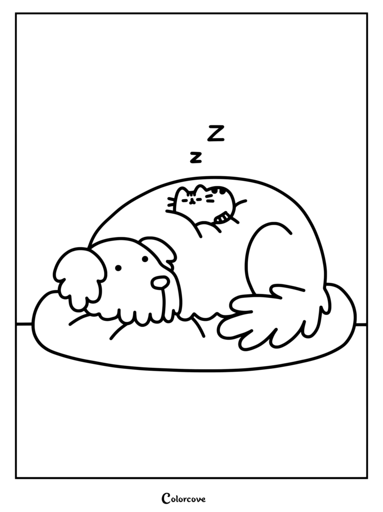 Page de coloriage de Pusheen faisant une sieste paisible sur le dos d'un chien doré endormi sur un coussin rose